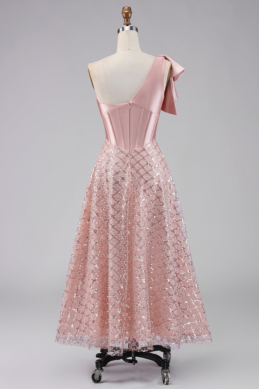 Sparkly Blush Maxi A Line Sequin Corset One Shoulder Wedding Guest Dress with Bow