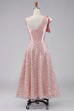 Sparkly Blush Maxi A Line Sequin Corset One Shoulder Wedding Guest Dress with Bow
