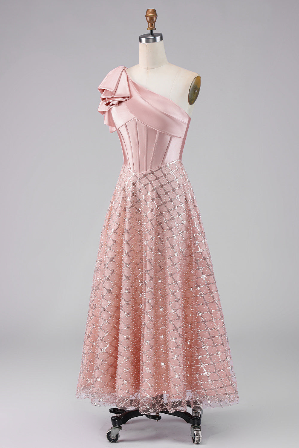 Sparkly Blush Maxi A Line Sequin Corset One Shoulder Wedding Guest Dress with Bow