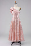 Sparkly Blush Maxi A Line Sequin Corset One Shoulder Wedding Guest Dress with Bow