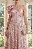 Sparkly Blush Maxi A Line Sequin Corset One Shoulder Wedding Guest Dress with Bow
