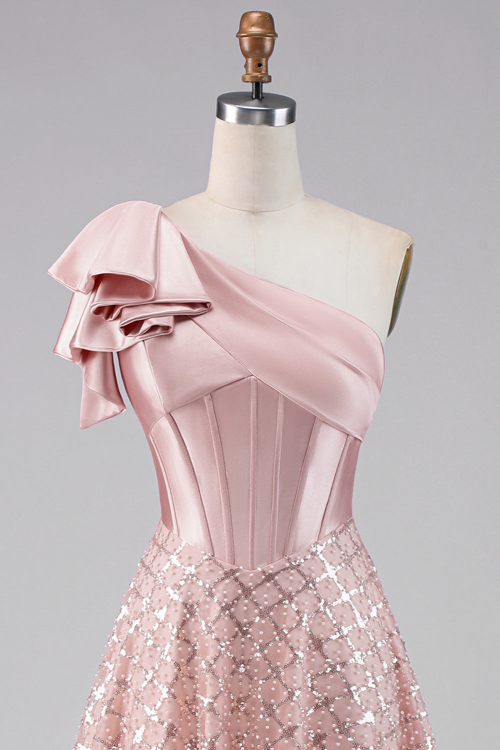 Sparkly Blush Maxi A Line Sequin Corset One Shoulder Wedding Guest Dress with Bow