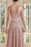 Sparkly Blush Maxi A Line Sequin Corset One Shoulder Wedding Guest Dress with Bow