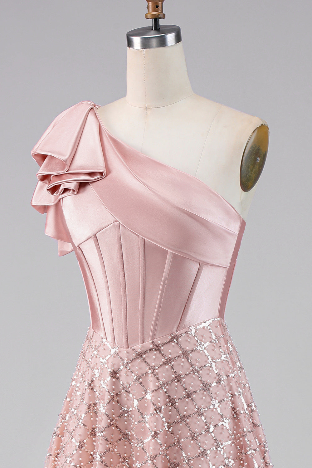 Sparkly Blush Maxi A Line Sequin Corset One Shoulder Wedding Guest Dress with Bow