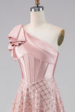 Sparkly Blush Maxi A Line Sequin Corset One Shoulder Wedding Guest Dress with Bow