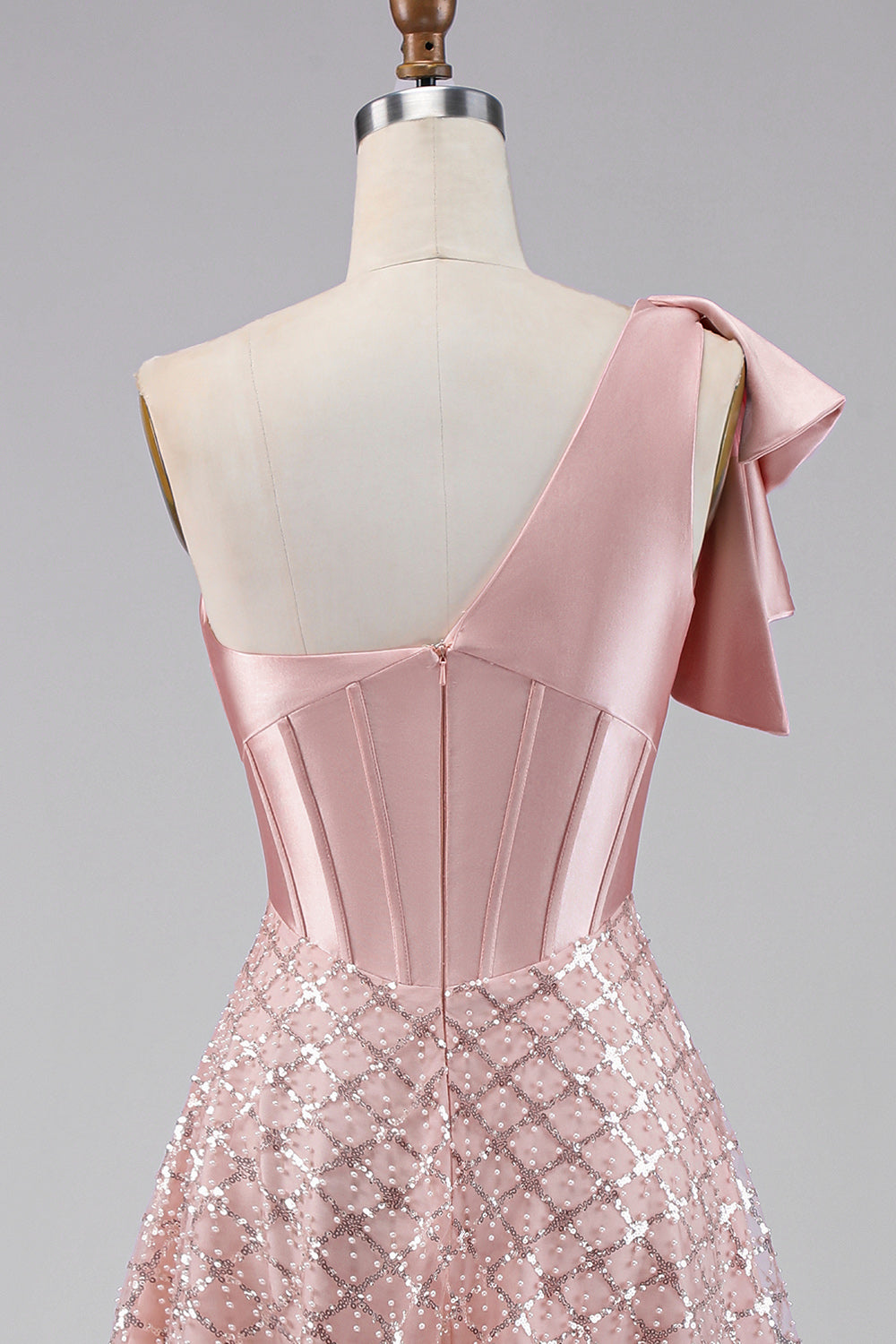 Sparkly Blush Maxi A Line Sequin Corset One Shoulder Wedding Guest Dress with Bow