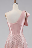 Sparkly Blush Maxi A Line Sequin Corset One Shoulder Wedding Guest Dress with Bow