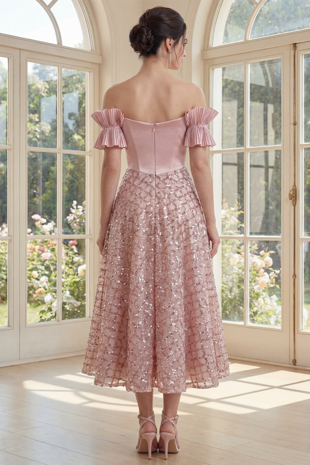 ZAPAKA Women Off the Shoulder Midi Dress Ruched Bowed Sequin Corset Blush A Line Wedding Guest Dress, Blush / US24W