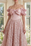 Ruffled Sparkly Blush Maxi A Line Sequin Corset Wedding Guest Dress with Bow