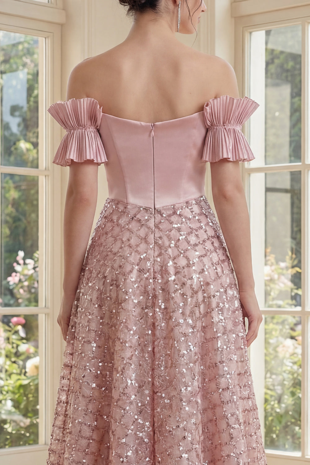 Ruffled Sparkly Blush Maxi A Line Sequin Corset Wedding Guest Dress with Bow