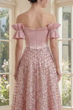 Ruffled Sparkly Blush Maxi A Line Sequin Corset Wedding Guest Dress with Bow