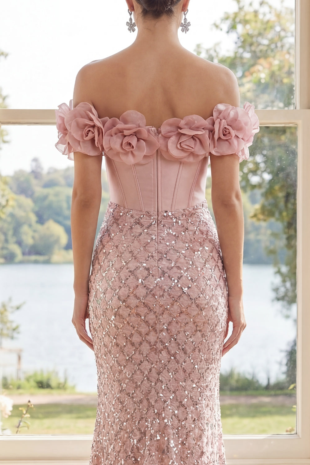 Zapakasa Women Sparkly Blush Long Corset Sequin Formal Dress with 3D