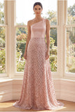 Long Sequin One Shoulder Sparkly Blush A Line Formal Dress