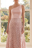 Long Sequin One Shoulder Sparkly Blush A Line Formal Dress