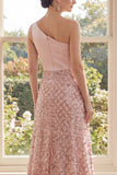 Long Sequin One Shoulder Sparkly Blush A Line Formal Dress