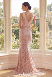 V-Neck Long Sequin Sparkly Blush Mermaid Gala Dress