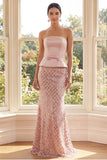 Strapless Long Sequin Sparkly Blush Mermaid Wedding Guest Dress with Bow