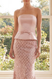 Strapless Long Sequin Sparkly Blush Mermaid Wedding Guest Dress with Bow
