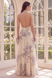 Halter Backless Apricot Floral A Line Maxi Beach Wedding Guest Dress with Slit