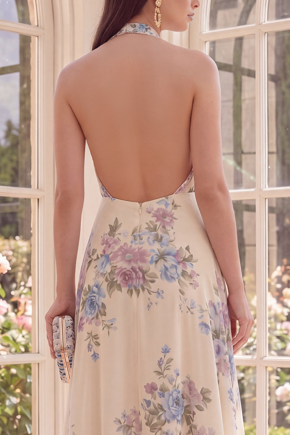 Halter Backless Apricot Floral A Line Maxi Beach Wedding Guest Dress with Slit