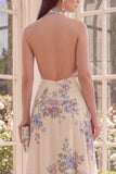 Halter Backless Apricot Floral A Line Maxi Beach Wedding Guest Dress with Slit