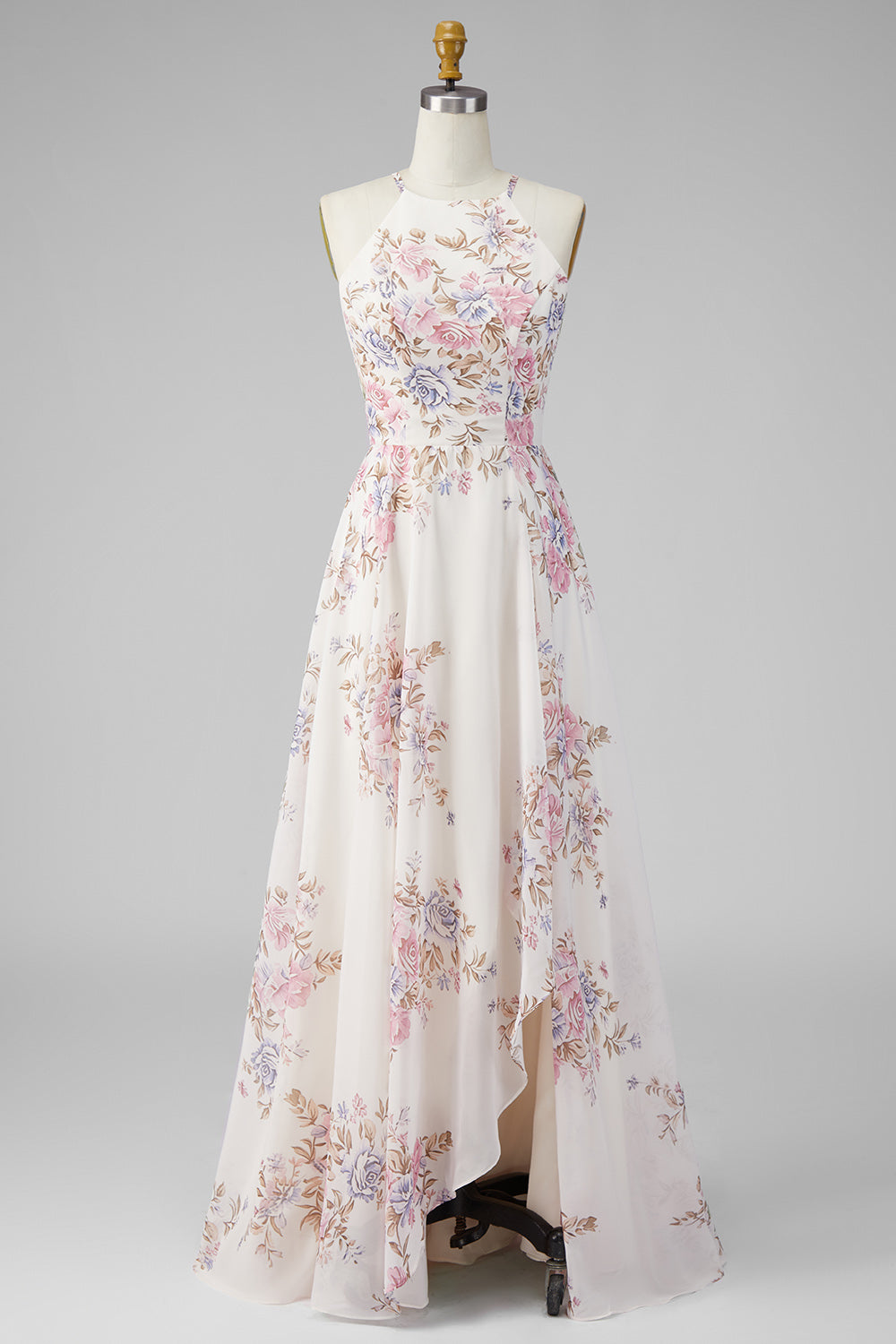 A Line Maxi Halter Apricot Floral Ruffled Open Back Beach Wedding Guest Dress with Slit