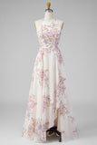A Line Maxi Halter Apricot Floral Ruffled Open Back Beach Wedding Guest Dress with Slit