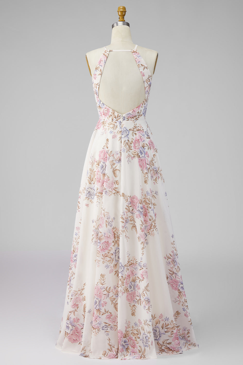 A Line Maxi Halter Apricot Floral Ruffled Open Back Beach Wedding Guest Dress with Slit