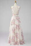A Line Maxi Halter Apricot Floral Ruffled Open Back Beach Wedding Guest Dress with Slit