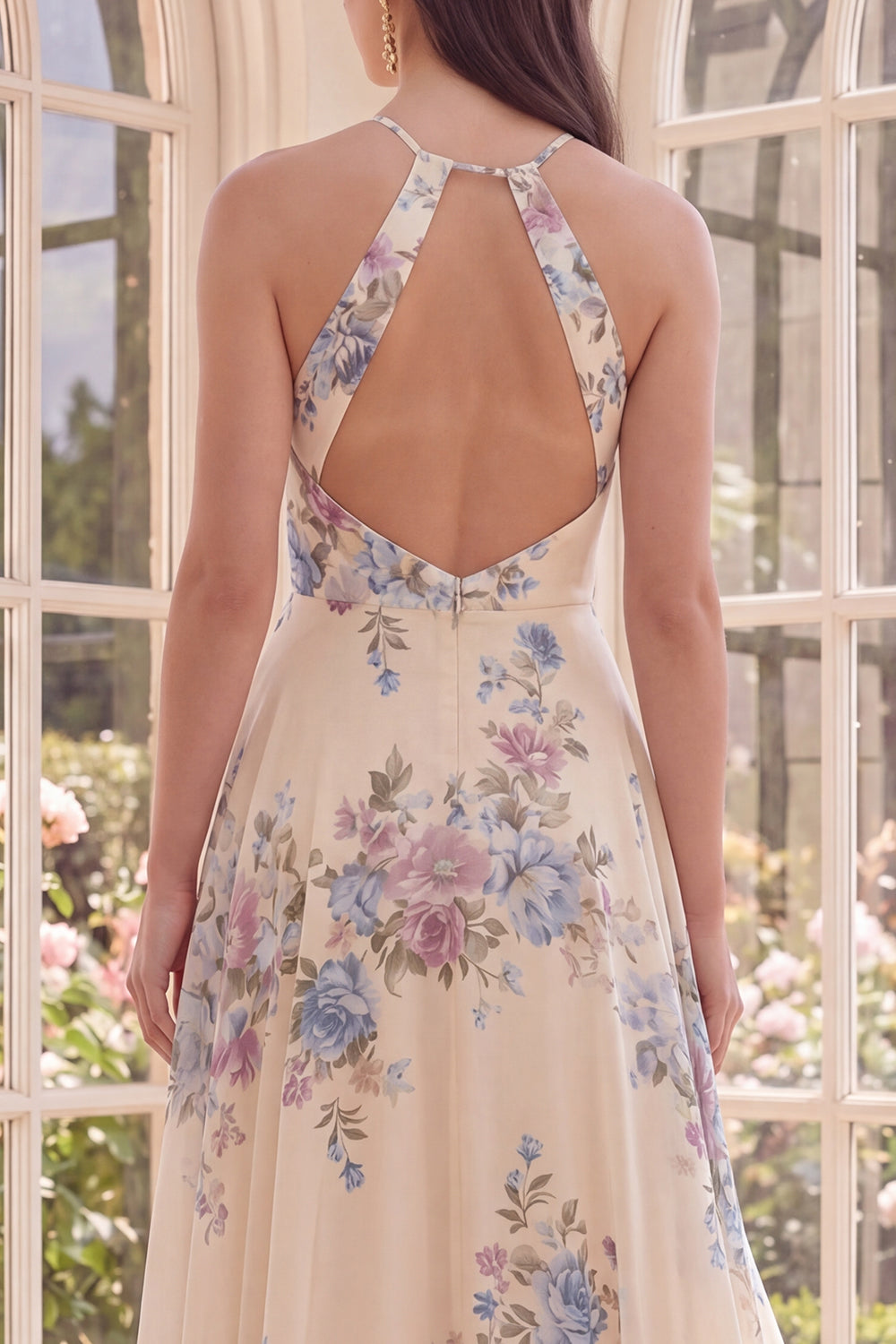A Line Maxi Halter Apricot Floral Ruffled Open Back Beach Wedding Guest Dress with Slit