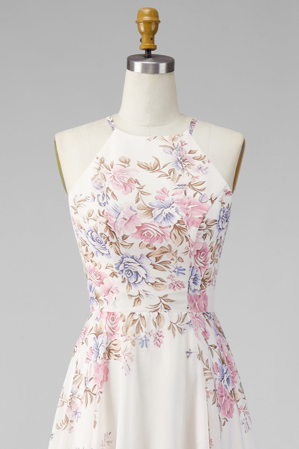 A Line Maxi Halter Apricot Floral Ruffled Open Back Beach Wedding Guest Dress with Slit