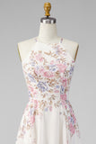 A Line Maxi Halter Apricot Floral Ruffled Open Back Beach Wedding Guest Dress with Slit