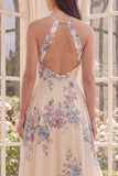 A Line Maxi Halter Apricot Floral Ruffled Open Back Beach Wedding Guest Dress with Slit