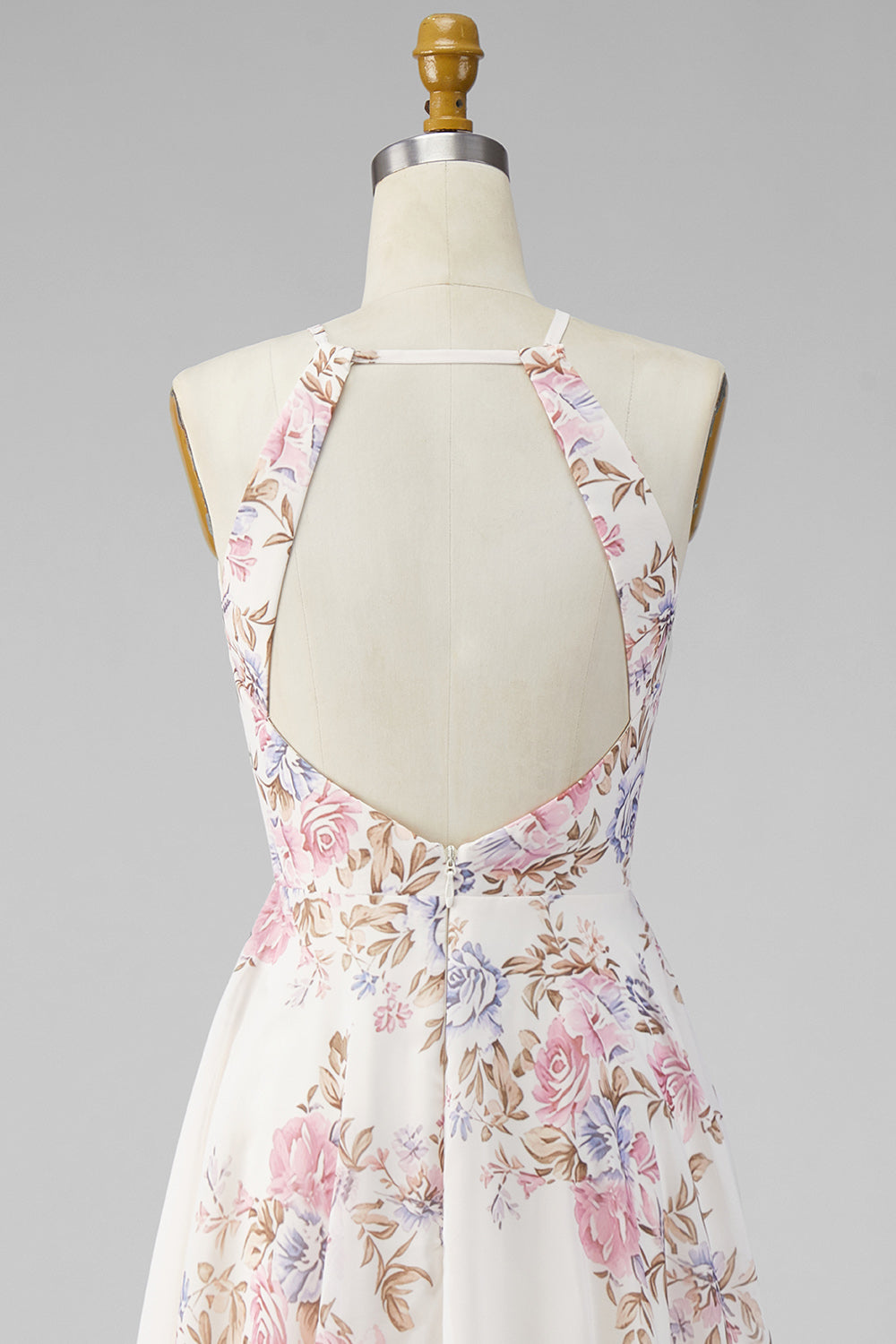 A Line Maxi Halter Apricot Floral Ruffled Open Back Beach Wedding Guest Dress with Slit