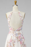 A Line Maxi Halter Apricot Floral Ruffled Open Back Beach Wedding Guest Dress with Slit