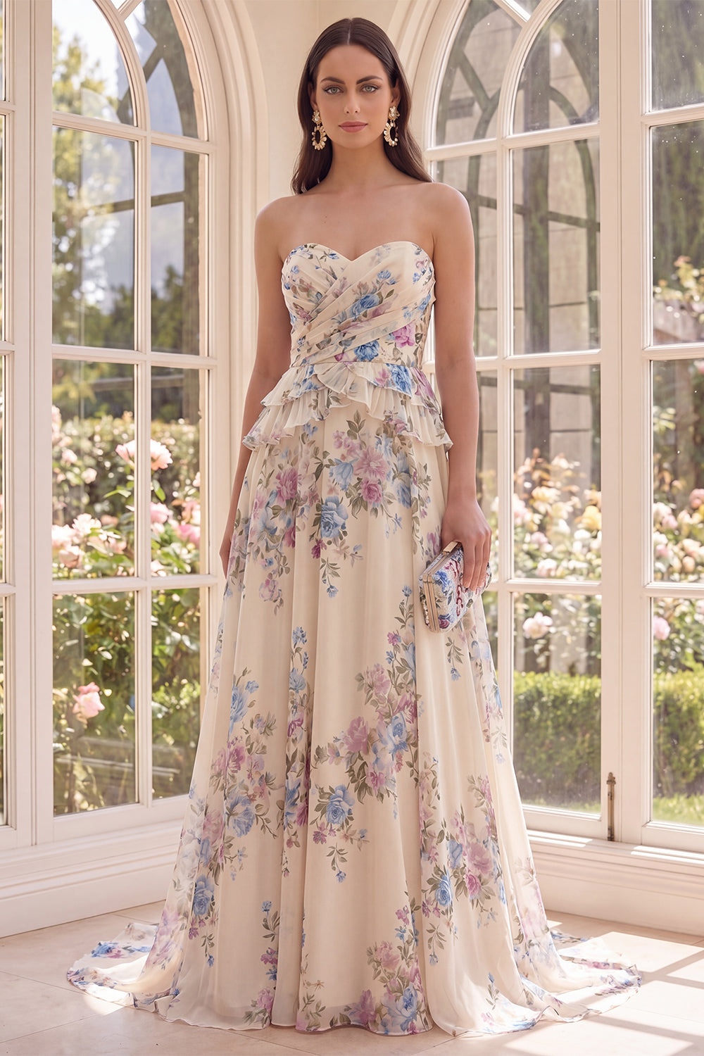 Basque Waist Apricot Floral A Line Maxi Beach Wedding Guest Dress with Ruffles