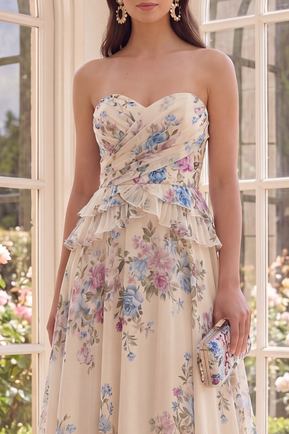 Basque Waist Apricot Floral A Line Maxi Beach Wedding Guest Dress with Ruffles