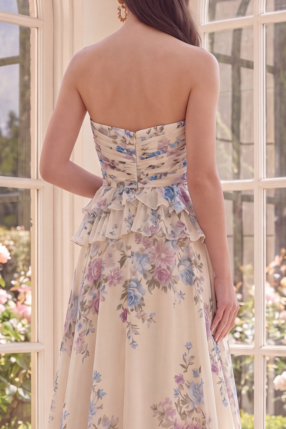 Basque Waist Apricot Floral A Line Maxi Beach Wedding Guest Dress with Ruffles