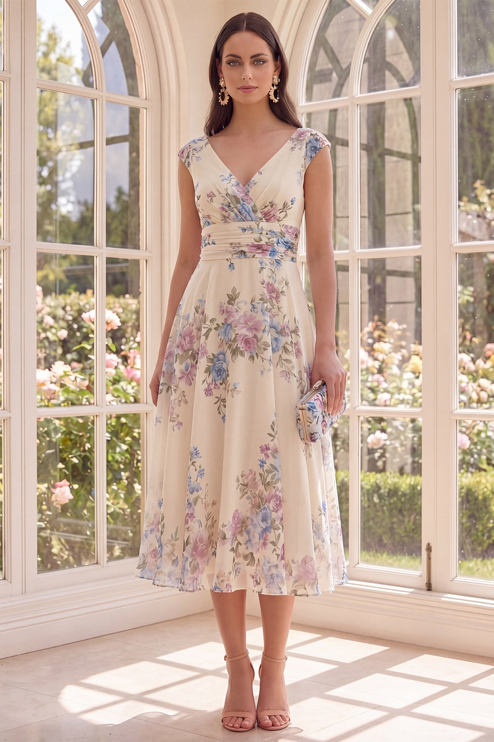 Ruched Apricot V-Neck Floral A Line Maxi Beach Wedding Guest Dress