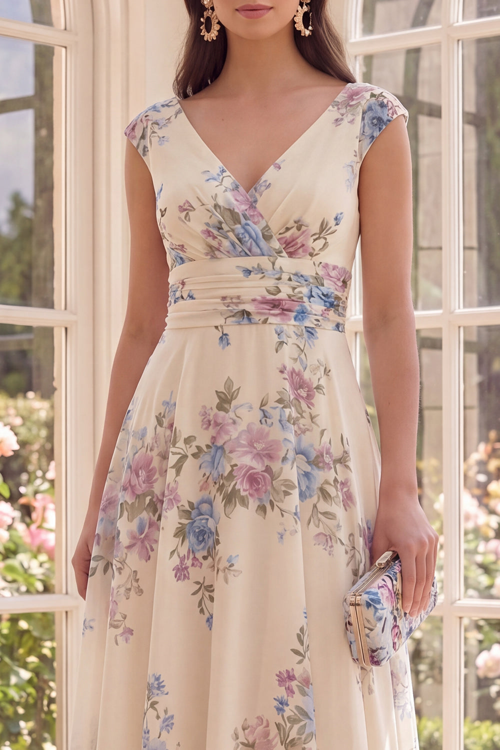Ruched Apricot V-Neck Floral A Line Maxi Beach Wedding Guest Dress