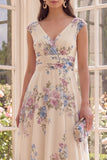 Ruched Apricot V-Neck Floral A Line Maxi Beach Wedding Guest Dress