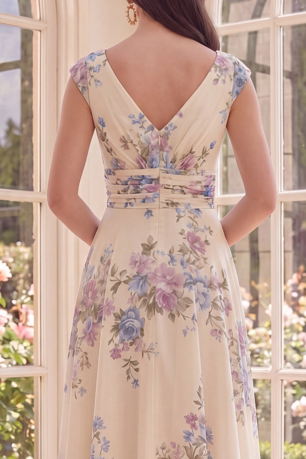 Ruched Apricot V-Neck Floral A Line Maxi Beach Wedding Guest Dress