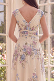 Ruched Apricot V-Neck Floral A Line Maxi Beach Wedding Guest Dress
