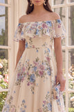 Off the Shoulder Apricot Floral A Line Midi Beach Wedding Guest Dress with Ruffles
