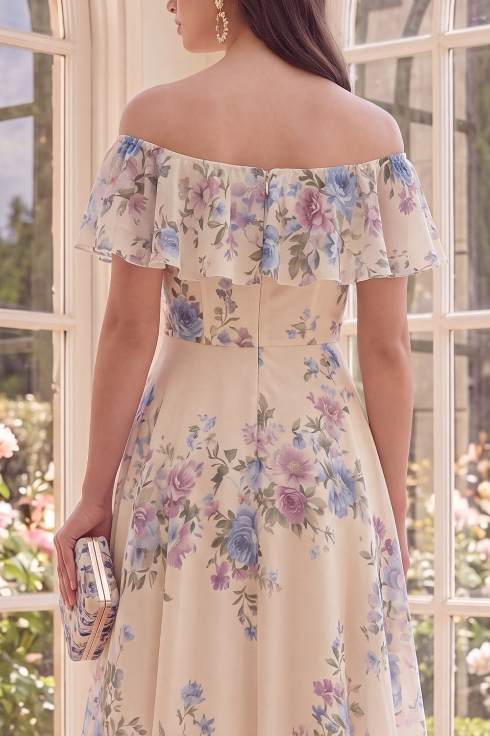 Off the Shoulder Apricot Floral A Line Midi Beach Wedding Guest Dress with Ruffles