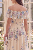 Off the Shoulder Apricot Floral A Line Midi Beach Wedding Guest Dress with Ruffles