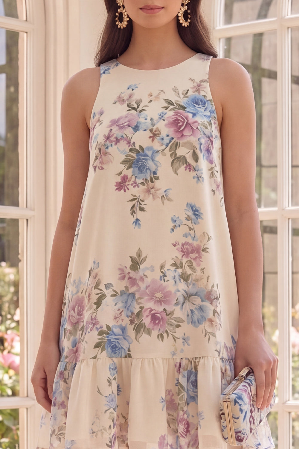 Boat Neck Apricot Floral A Line Short Beach Wedding Guest Dress