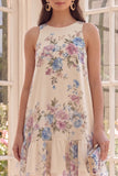 Boat Neck Apricot Floral A Line Short Beach Wedding Guest Dress