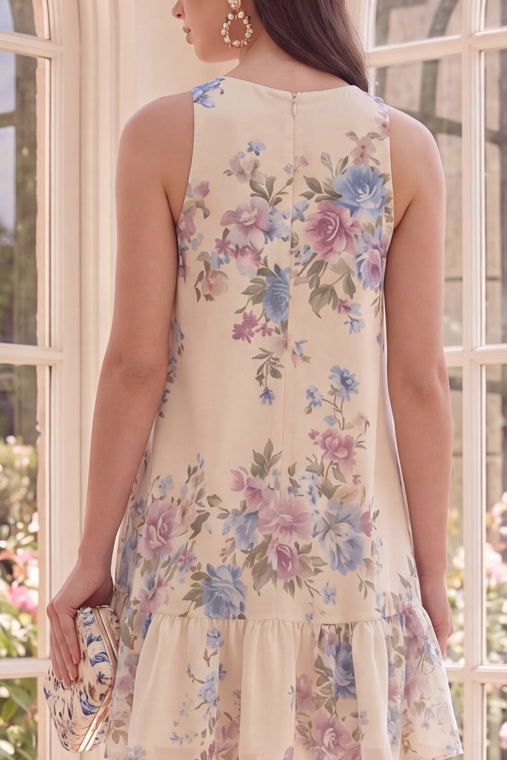 Boat Neck Apricot Floral A Line Short Beach Wedding Guest Dress