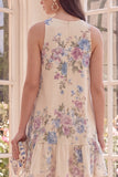 Boat Neck Apricot Floral A Line Short Beach Wedding Guest Dress